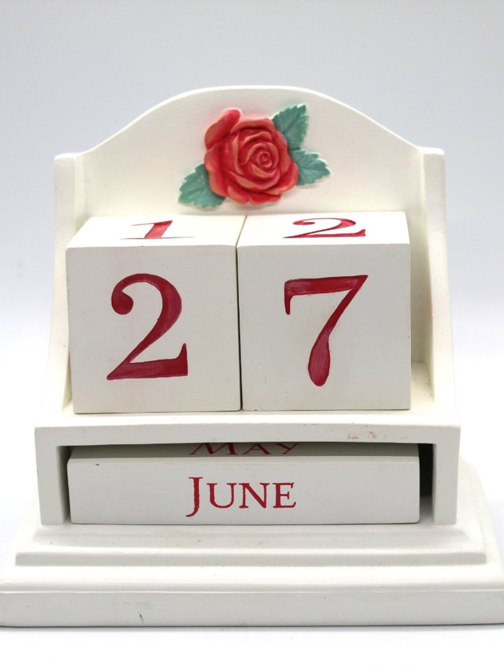 Hallmark Perpetual Desk Calendar White Wood Block With Red Rose Heavy Duty Vtg